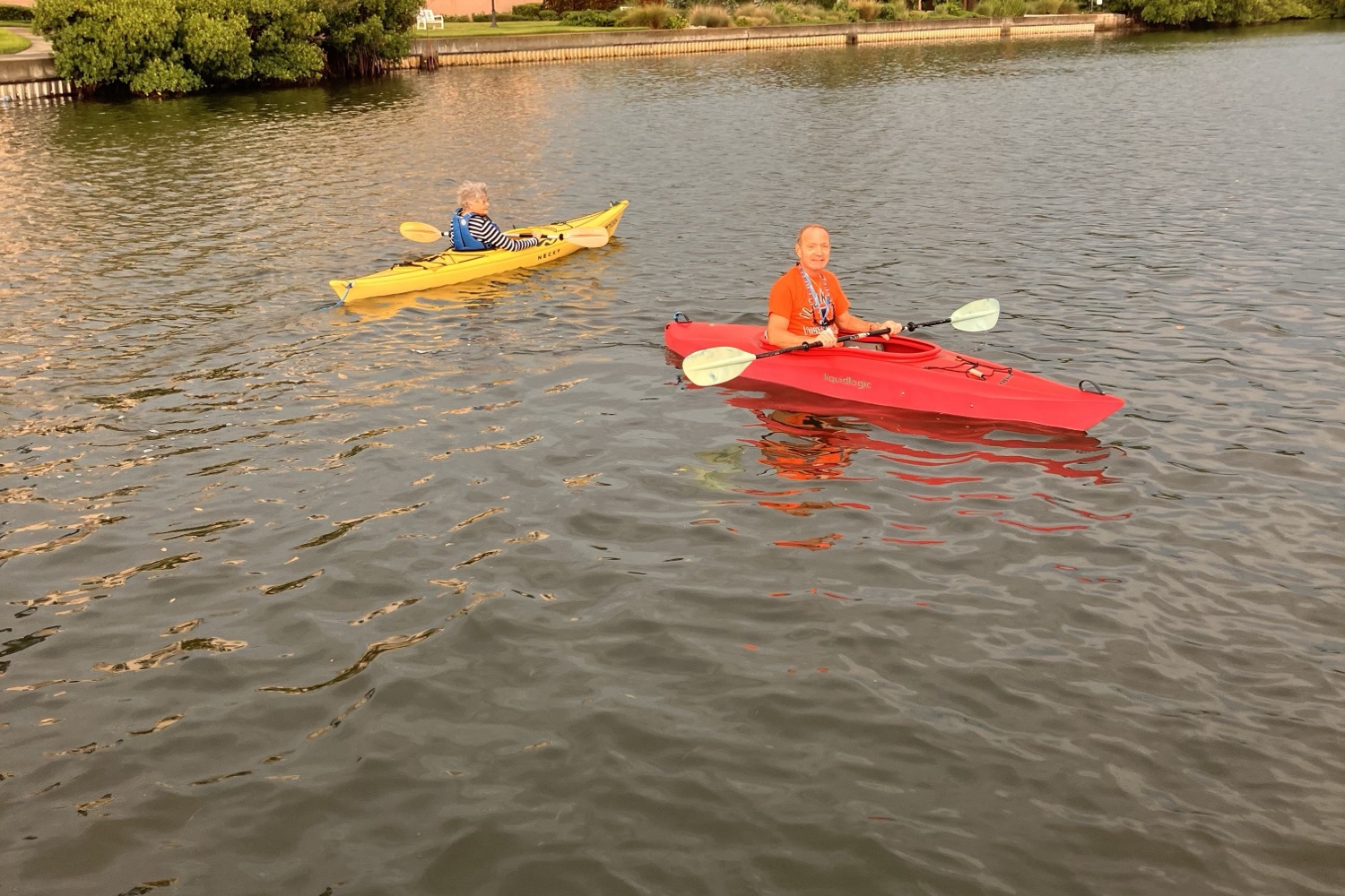 Two people kayaking on calm water on a sunny day, with palms and a waterfront building in the background